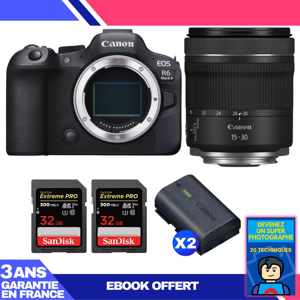 Canon EOS R6 Mark II Camera Kit with RF 15-30mm f/4.5-6.3 IS STM Lens + 2 SanDisk 32GB Extreme PRO UHS-II SDXC Cards + 2 Canon LP-E6NH Batteries + Ebook