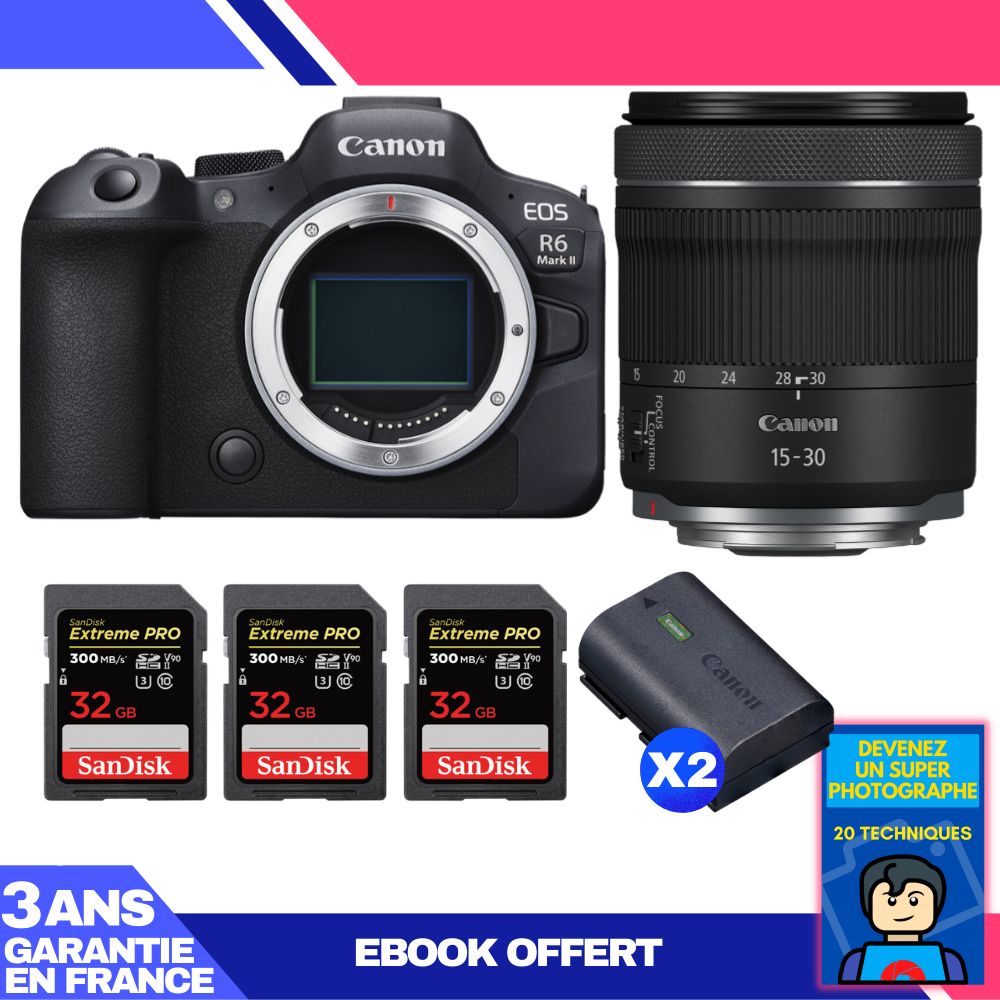 Canon EOS R6 Mark II Camera Kit with RF 15-30mm f/4.5-6.3 IS STM Lens + 3x 32GB SanDisk Extreme PRO UHS-II SDXC Cards + 2x Canon LP-E6NH Batteries + 'Become a Super Photographer' Ebook
