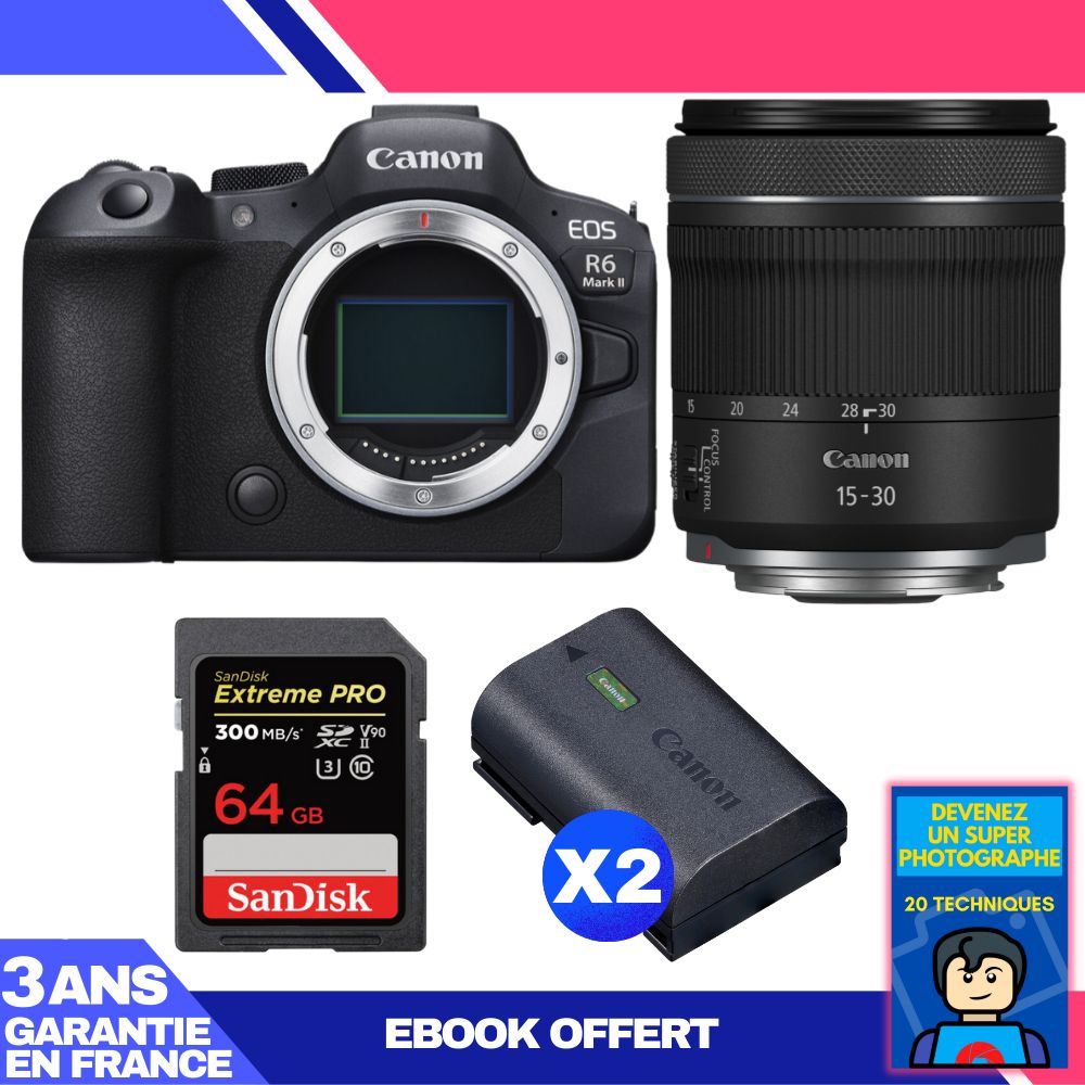 Canon EOS R6 Mark II Camera Kit with RF 15-30mm f/4.5-6.3 IS STM Lens and 64GB SanDisk Extreme PRO SD Card + 2x Canon LP-E6NH Batteries
