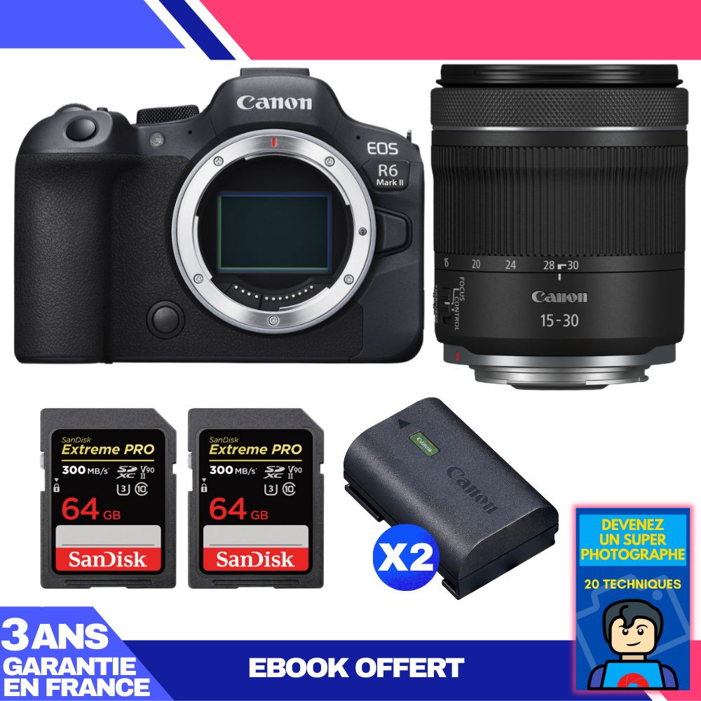 Canon EOS R6 Mark II Camera + RF 15-30mm f/4.5-6.3 IS STM Lens + 2 SanDisk 64GB Extreme PRO UHS-II SDXC Cards + 2 Canon LP-E6NH Batteries + Ebook 'Become a Super Photographer'