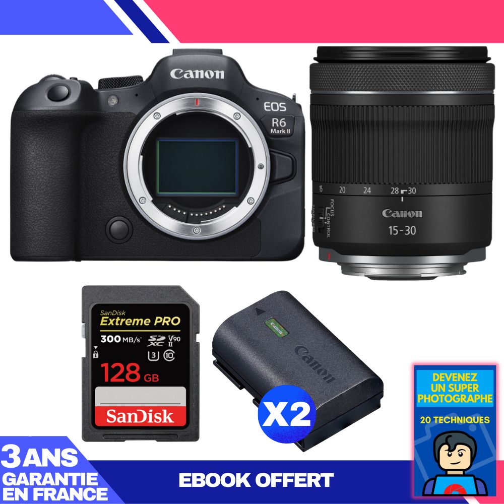 Canon EOS R6 Mark II Camera Kit with RF 15-30mm f/4.5-6.3 IS STM Lens + 128GB SanDisk Extreme PRO SD Card + 2 Canon LP-E6NH Batteries + 'Become a Super Photographer' Ebook