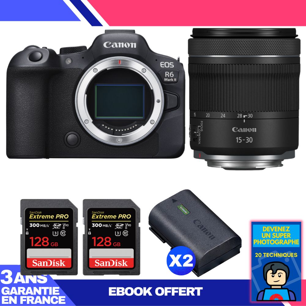 Canon EOS R6 Mark II Camera Kit with RF 15-30mm f/4.5-6.3 IS STM Lens + 2x 128GB SanDisk Extreme PRO UHS-II SDXC Cards + 2x Canon LP-E6NH Batteries + Ebook 'Become a Super Photographer'
