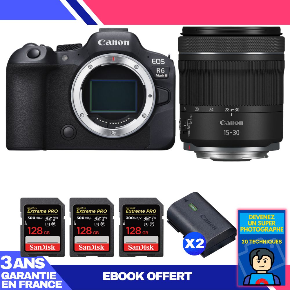 Canon EOS R6 Mark II Camera Kit with RF 15-30mm f/4.5-6.3 IS STM Lens + 3 SanDisk 128GB Extreme PRO UHS-II SDXC Cards + 2 Canon LP-E6NH Batteries + Ebook 'Become a Super Photographer'