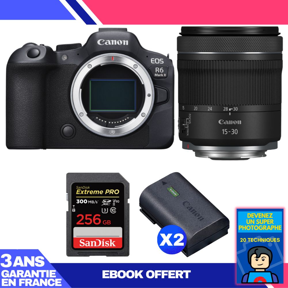 Canon EOS R6 Mark II Camera Kit with RF 15-30mm f/4.5-6.3 IS STM Lens + SanDisk 256GB Extreme PRO UHS-II SDXC Card + 2 Canon LP-E6NH Batteries + 'Become a Super Photographer' Ebook