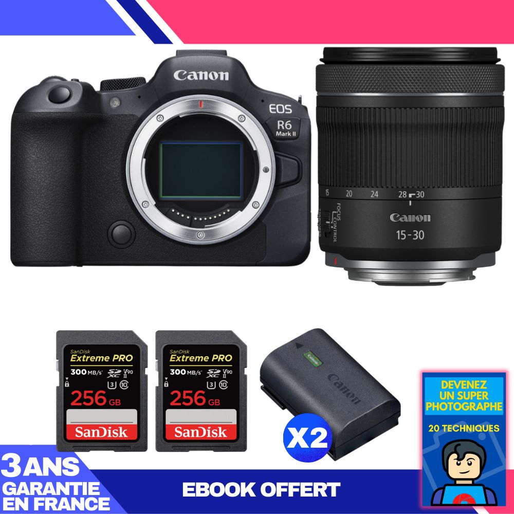 Canon EOS R6 Mark II Camera Kit with RF 15-30mm f/4.5-6.3 IS STM Lens + 2x SanDisk 256GB Extreme PRO UHS-II SDXC Cards + 2x Canon LP-E6NH Batteries + 'Become a Master Photographer' Ebook