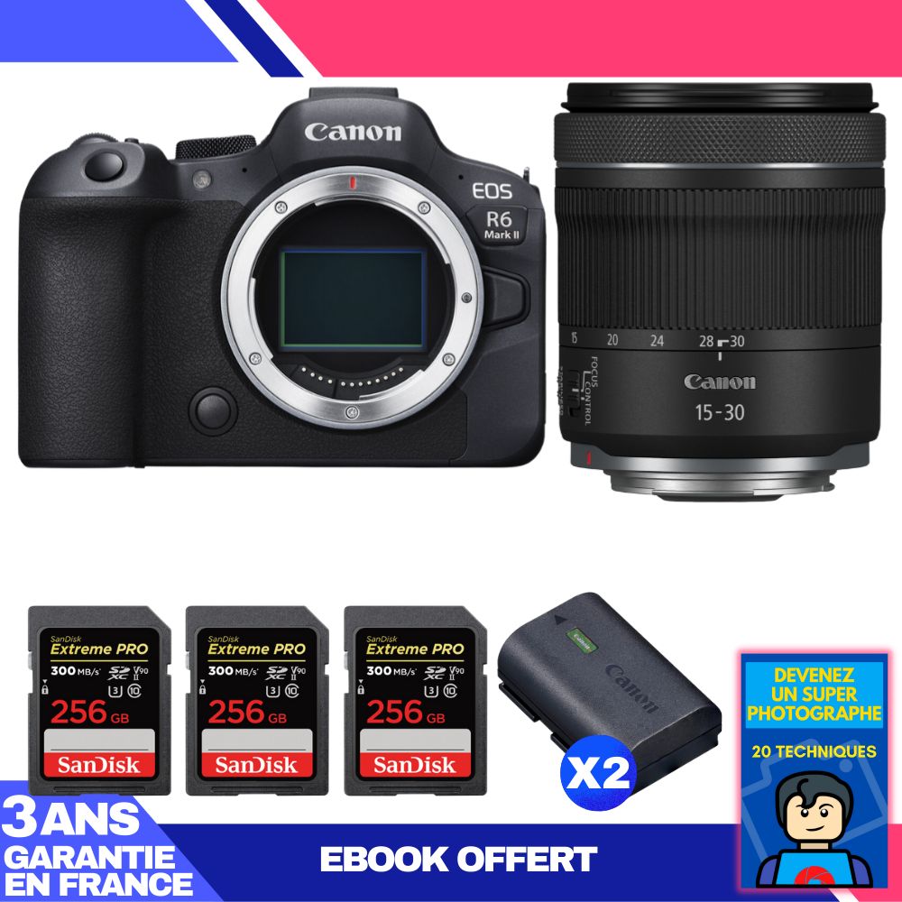 Canon EOS R6 Mark II Camera Kit with RF 15-30mm f/4.5-6.3 IS STM Lens + 2x 256GB SanDisk Extreme PRO UHS-II SDXC Cards + 2 Canon LP-E6NH Batteries + Ebook: Become a Super Photographer