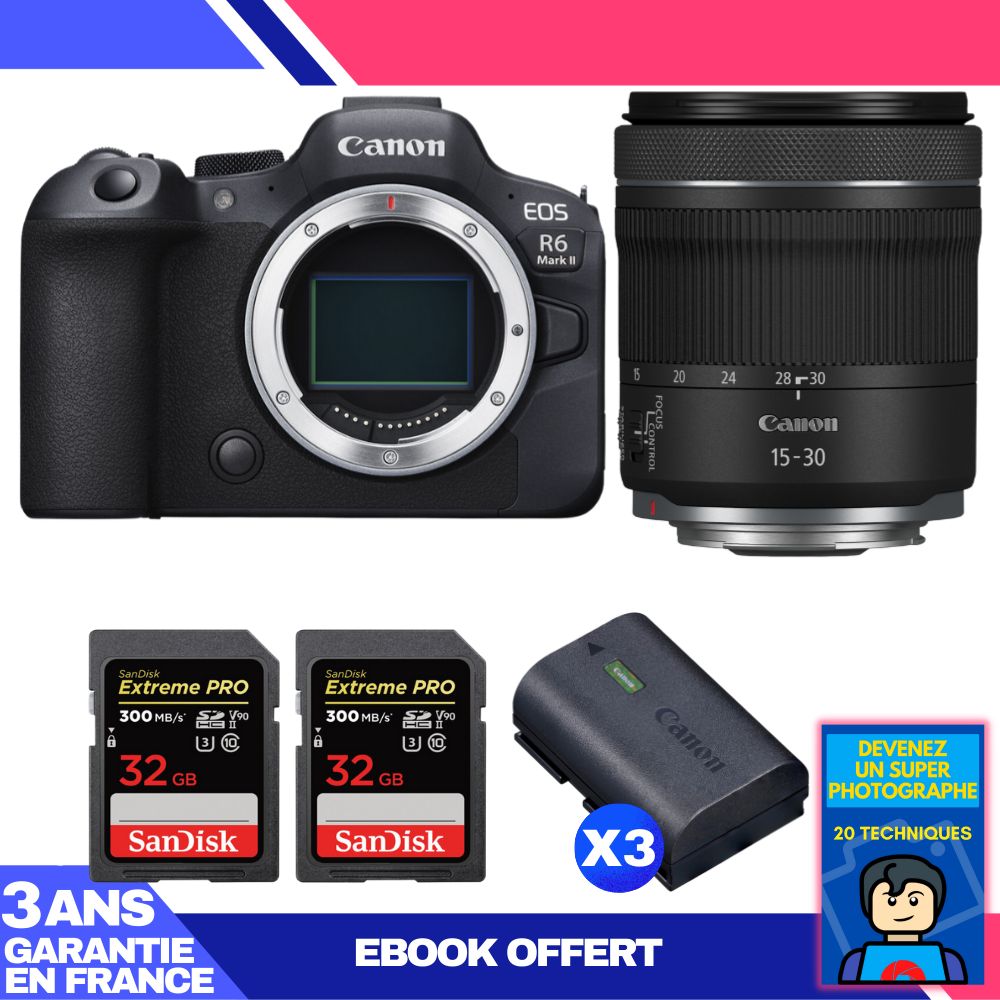 Canon EOS R6 Mark II Camera Kit with RF 15-30mm f/4.5-6.3 IS STM Lens + 2x 32GB SanDisk Extreme PRO UHS-II SDXC Cards + 3x Canon LP-E6NH Batteries + 'Become a Super Photographer' Ebook