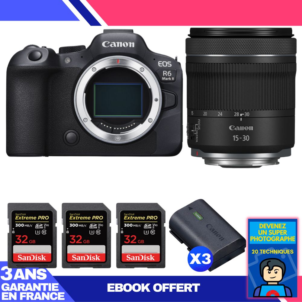 Canon EOS R6 Mark II Camera Kit with RF 15-30mm f/4.5-6.3 IS STM Lens + 3 SanDisk 32GB Extreme PRO UHS-II SDXC Cards + 3 Canon LP-E6NH Batteries + 'Become a Super Photographer' Ebook