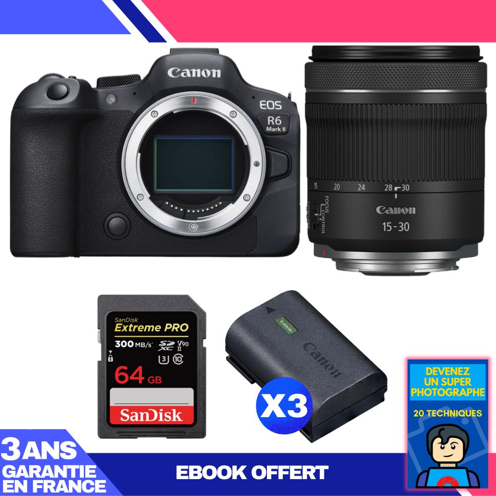 Canon EOS R6 Mark II Camera + RF 15-30mm f/4.5-6.3 IS STM Lens + 1 SanDisk 64GB Extreme PRO UHS-II SDXC Card + 3 Canon LP-E6NH Batteries + 'Become a Super Photographer' Ebook