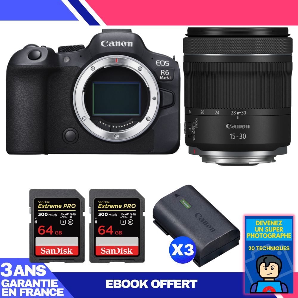 Canon EOS R6 Mark II Camera Kit with RF 15-30mm f/4.5-6.3 IS STM Lens + 2 SanDisk 64GB Extreme PRO UHS-II SDXC Cards + 3 Canon LP-E6NH Batteries + 'Become a Super Photographer' Ebook