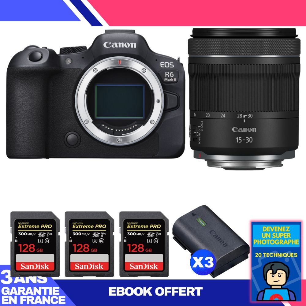 Canon EOS R6 Mark II Camera Kit with RF 15-30mm f/4.5-6.3 IS STM Lens + 3 SanDisk 128GB Extreme PRO UHS-II SDXC Memory Cards + 3 Canon LP-E6NH Batteries + 'Become a Super Photographer' Ebook