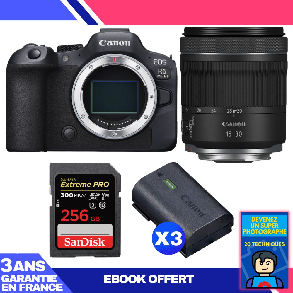 Canon EOS R6 Mark II Camera Kit with RF 15-30mm f/4.5-6.3 IS STM Lens + 256GB SanDisk Extreme PRO SD Card + 3 Canon LP-E6NH Batteries + 'Become a Master Photographer' Ebook