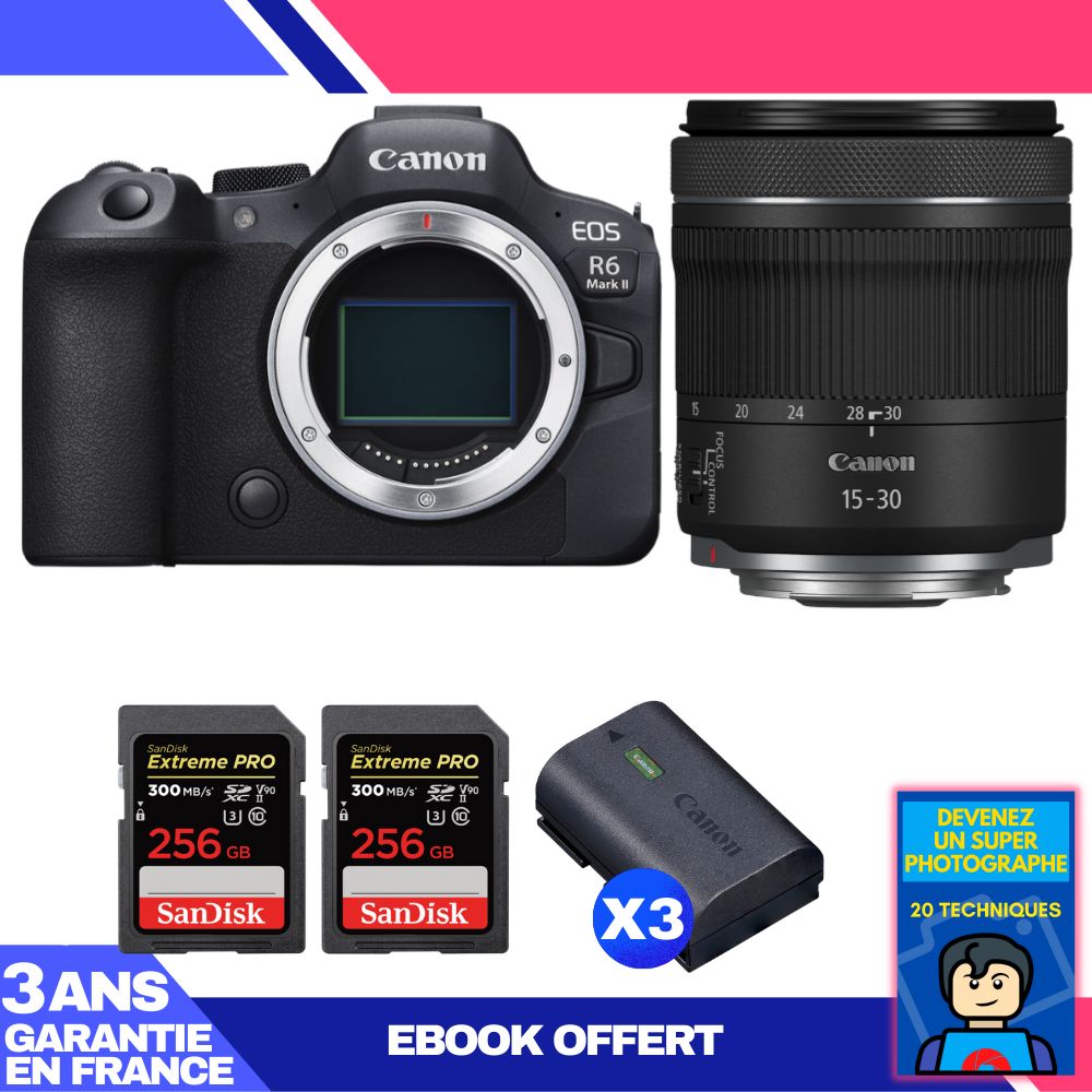Canon EOS R6 Mark II Camera Kit with RF 15-30mm f/4.5-6.3 IS STM Lens + 2 SanDisk 256GB Extreme PRO UHS-II SDXC Cards + 3 Canon LP-E6NH Batteries + 'Become a Super Photographer' Ebook