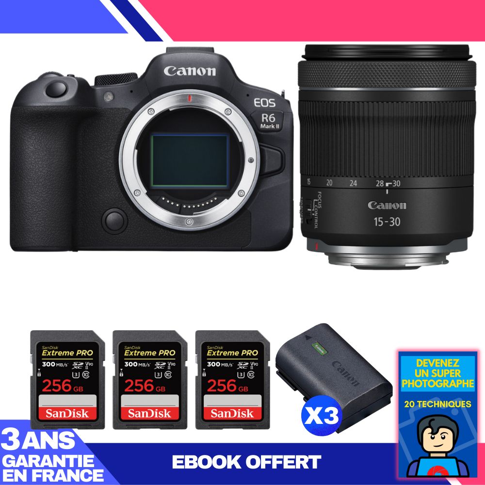 Canon EOS R6 Mark II Camera Kit with RF 15-30mm f/4.5-6.3 IS STM Lens + 3 SanDisk 256GB Extreme PRO UHS-II SDXC Cards + 3 Canon LP-E6NH Batteries + 'Become a Super Photographer' Ebook