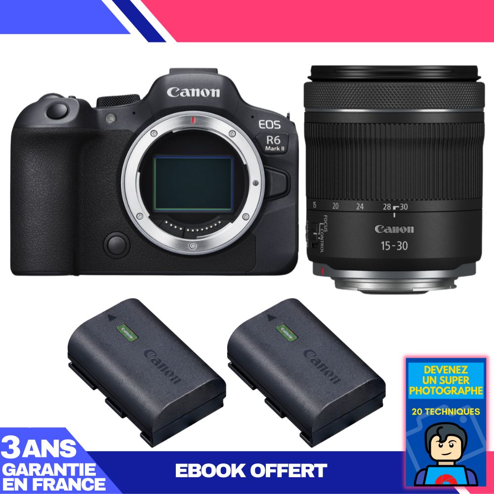 Canon EOS R6 Mark II + RF 15-30mm f/4.5-6.3 IS STM + 2 Canon LP-E6NH + Ebook 'Devenez Un Super Photographe'