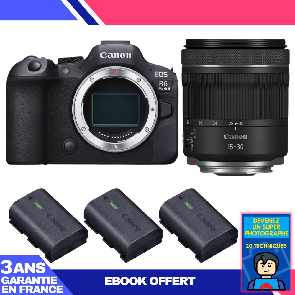 Canon EOS R6 Mark II + RF 15-30mm f/4.5-6.3 IS STM Lens + 3 Canon LP-E6NH Batteries + 'Become a Super Photographer' Ebook
