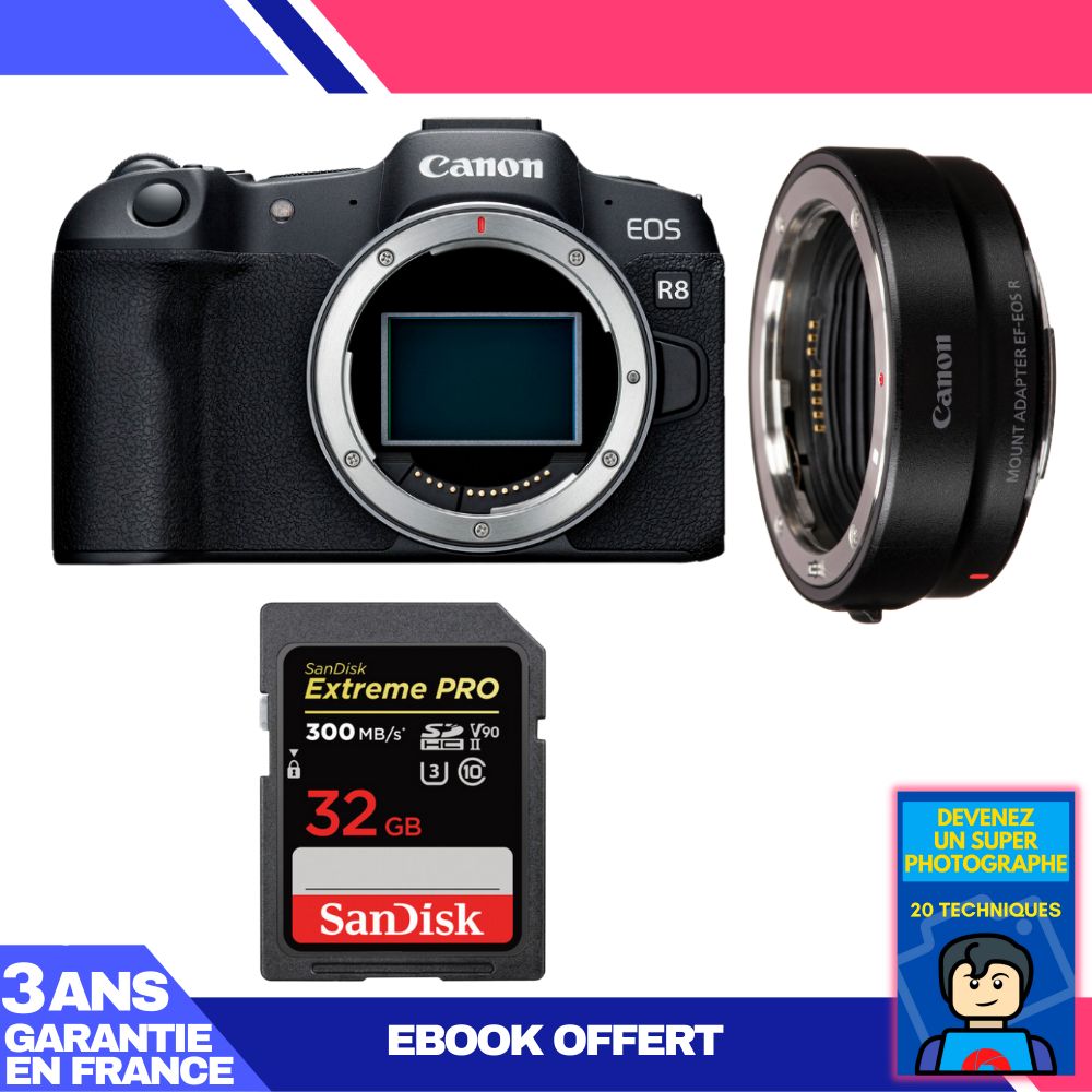 Canon EOS R8 Body + EF-EOS R Adapter + 1x SanDisk 32GB Extreme PRO UHS-II SDXC Card 300MB/s