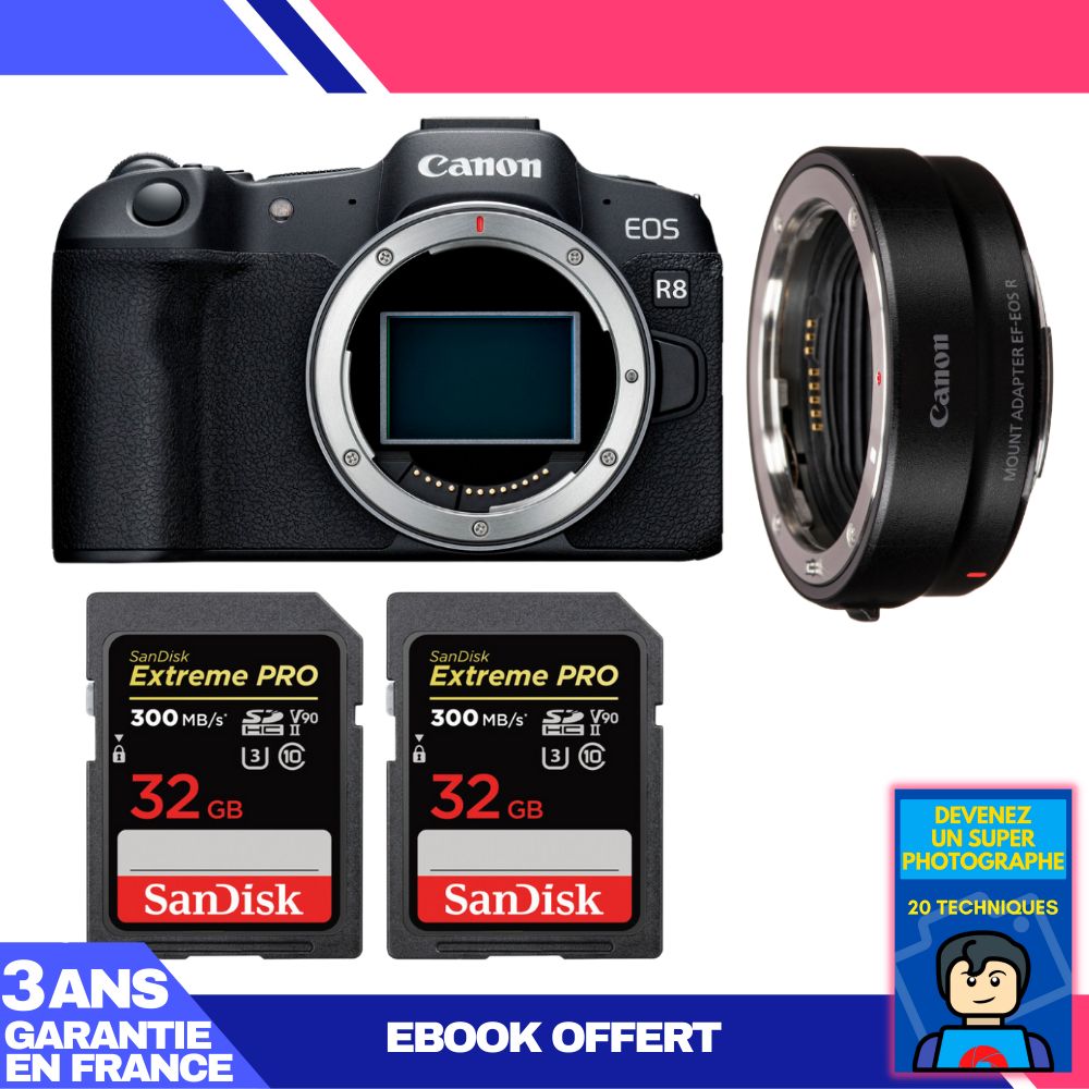 Canon EOS R8 Body + EF-EOS R Adapter + 2x 32GB SanDisk Extreme PRO UHS-II SDXC Cards (300MB/s) + Ebook: 'Become a Super Photographer'