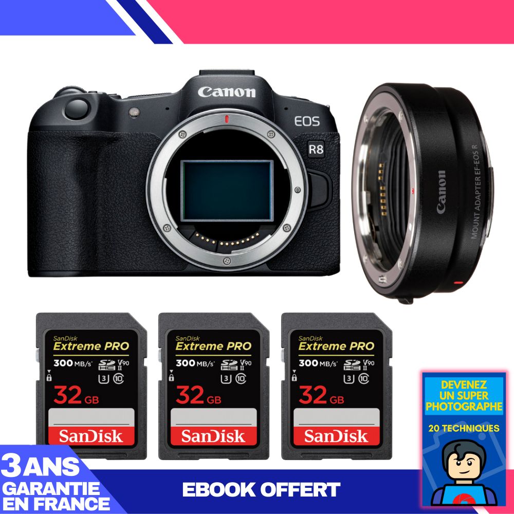 Canon EOS R8 Body + EF-EOS R Adapter + 3 SanDisk 32GB Extreme PRO UHS-II SDXC Cards + 'Become a Super Photographer' Ebook