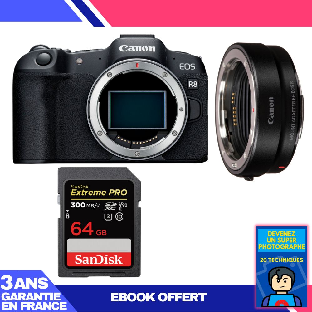 Canon EOS R8 Body + EF-EOS R Adapter + 1 SanDisk 64GB Extreme PRO UHS-II SDXC Card + 'Become a Super Photographer Ebook',