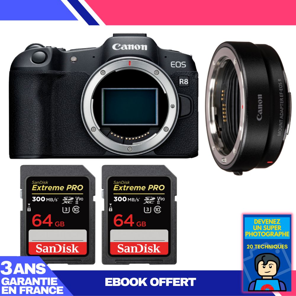 Canon EOS R8 Body + EF-EOS R Adapter + 2 SanDisk 64GB Extreme PRO UHS-II SDXC Cards