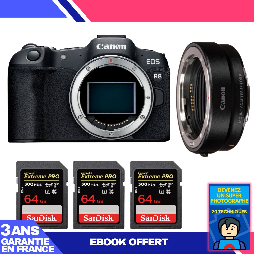 Canon EOS R8 Body + EF-EOS R Adapter + 3x 64GB SanDisk Extreme PRO UHS-II SDXC Cards (300MB/s) + 'Become a Master Photographer' Ebook