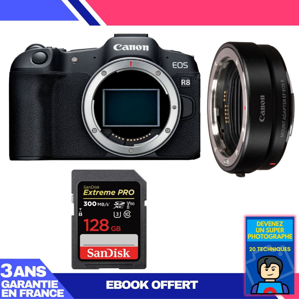 Canon EOS R8 Body + EF-EOS R Adapter + 1 SanDisk 128GB Extreme PRO UHS-II SDXC Card + 'Become a Super Photographer Ebook