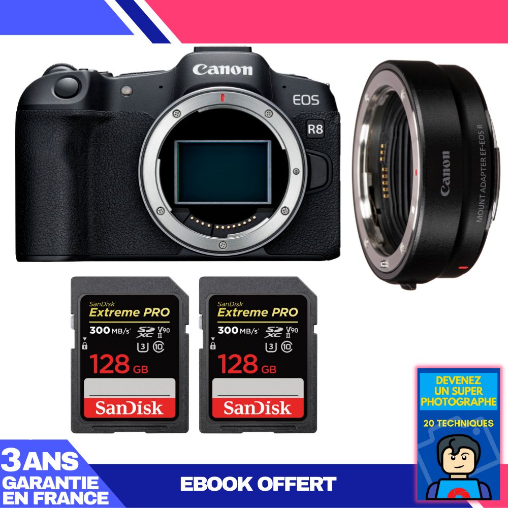 Canon EOS R8 Body + EF-EOS R Adapter + 2 SanDisk 128GB Extreme PRO UHS-II SDXC Cards