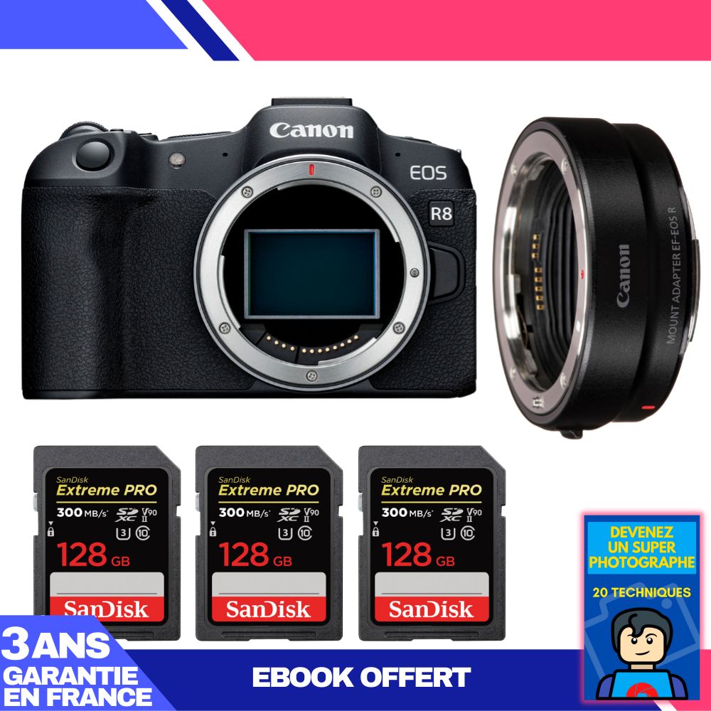 Canon EOS R8 Body + EF-EOS R Adapter + 3 SanDisk 128GB Extreme PRO UHS-II SDXC Cards + 'Become a Super Photographer Ebook',
