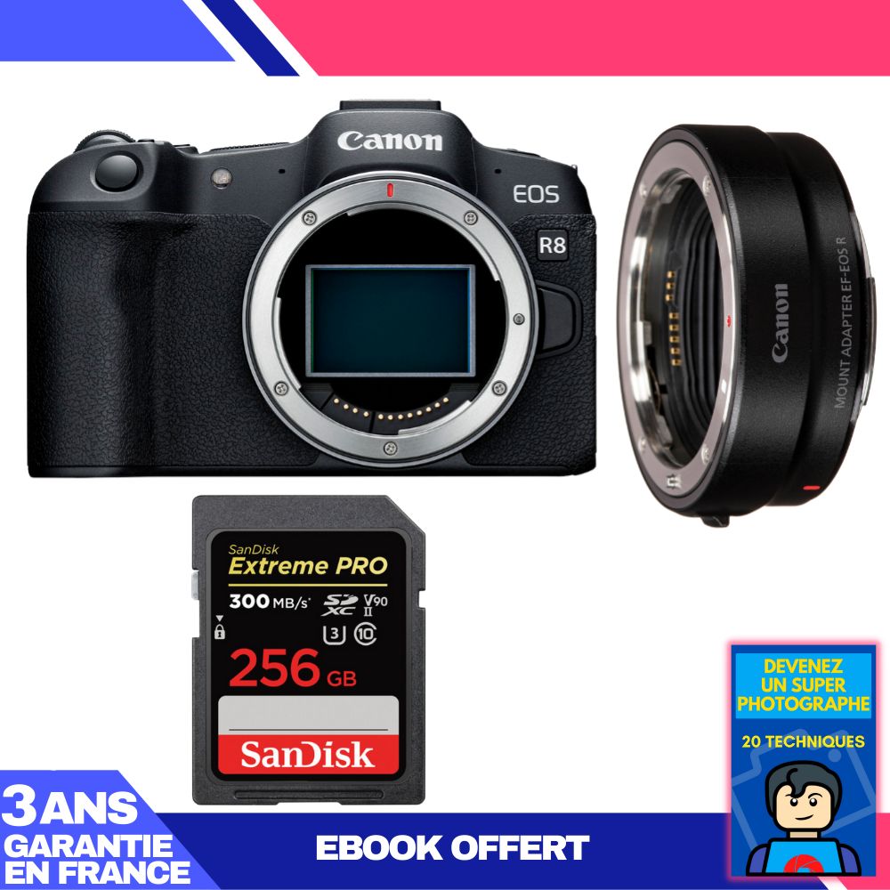 Canon EOS R8 Body + EF-EOS R Adapter + 1 SanDisk 256GB Extreme PRO UHS-II SDXC Card + 'Become a Super Photographer Ebook