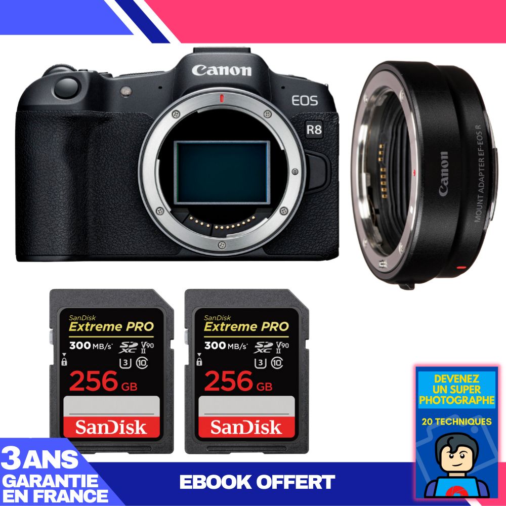 Canon EOS R8 Body + EF-EOS R Adapter + 2 SanDisk 256GB Extreme PRO UHS-II SDXC Cards + 'Become a Super Photographer Ebook',