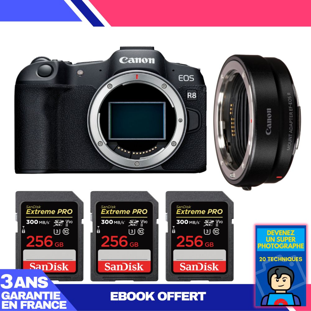 Canon EOS R8 Body + EF-EOS R Adapter + 3 SanDisk 256GB Extreme PRO UHS-II SDXC Cards (300MB/s) + 'Become a Master Photographer' Ebook