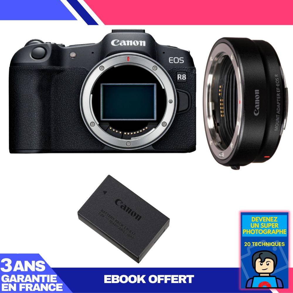 Canon EOS R8 Body + EF-EOS R Adapter + LP-E17 Battery + 'Become a Super Photographer' Ebook