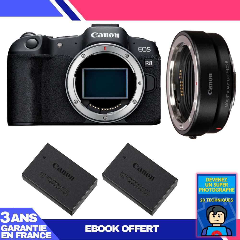 Canon EOS R8 Body + EF-EOS R Adapter + 2 LP-E17 Batteries + 'Become a Master Photographer' Ebook