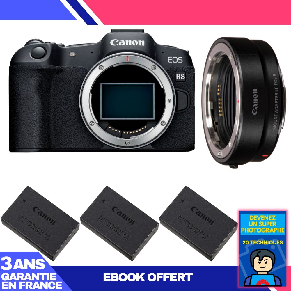 Canon EOS R8 Camera Body + EF-EOS R Adapter + 3 LP-E17 Batteries + 'Become a Super Photographer' Ebook