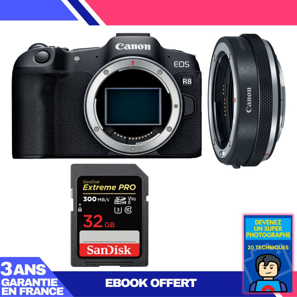 Cuerpo Canon EOS R8 + Adaptador EF-EOS R Premium + Tarjeta SanDisk 32GB Extreme PRO UHS-II SDXC 300 MB/s + Libro electrónico 'Conviértase en un Fotógrafo Super'