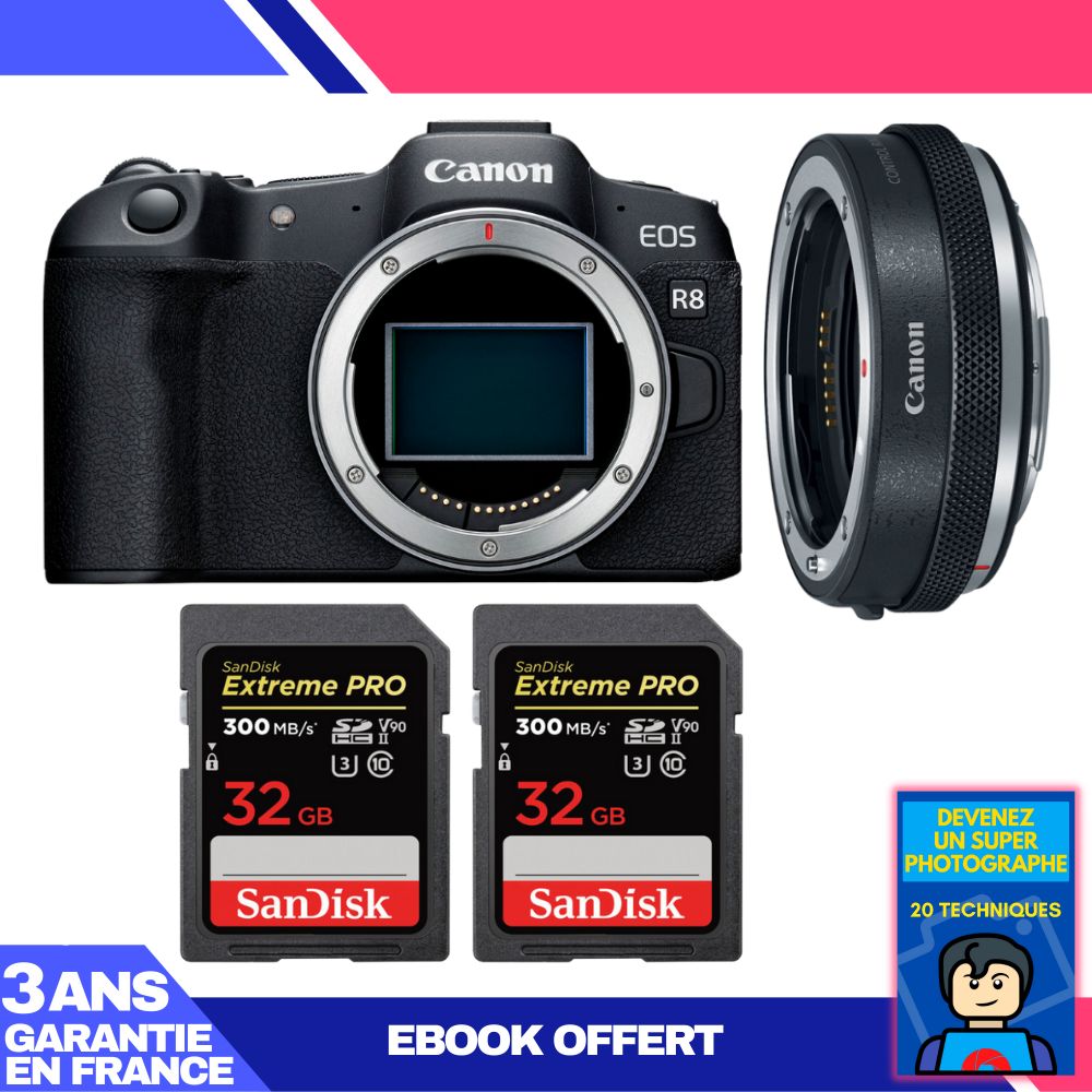 Canon EOS R8 Body + EF-EOS R Adapter + 2x SanDisk 32GB Extreme PRO UHS-II SDXC Cards + 'Become a Super Photographer' Ebook