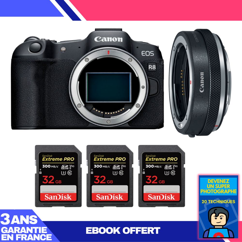 Canon EOS R8 Body + EF-EOS R Premium Adapter + 3 SanDisk 32GB Extreme PRO UHS-II SDXC Cards + 'Become a Super Photographer' Ebook