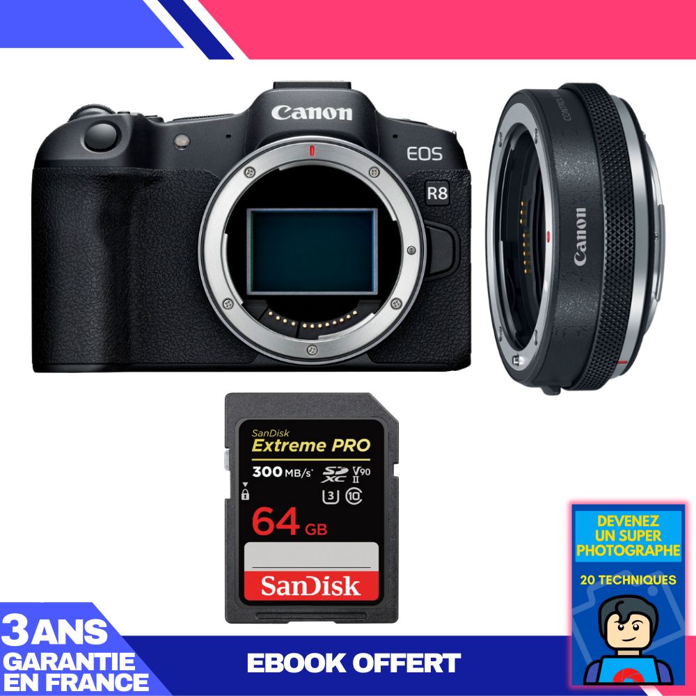 Canon EOS R8 Body + EF-EOS R Premium Adapter + 1 SanDisk 64GB Extreme PRO UHS-II SDXC Card + 'Become a Super Photographer' Ebook