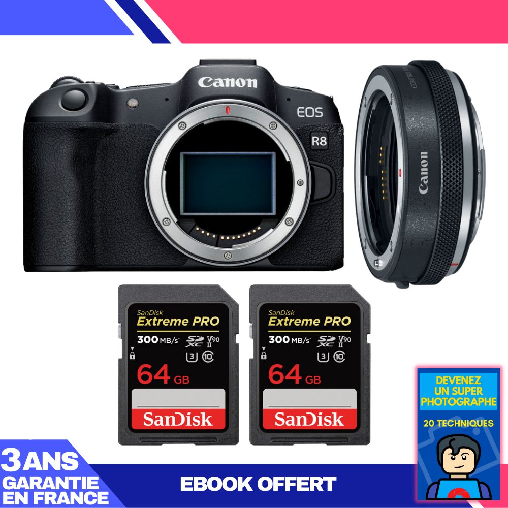 Cámara Canon EOS R8 + Adaptador EF-EOS R Premium + 2 Tarjetas SanDisk 64GB Extreme PRO UHS-II