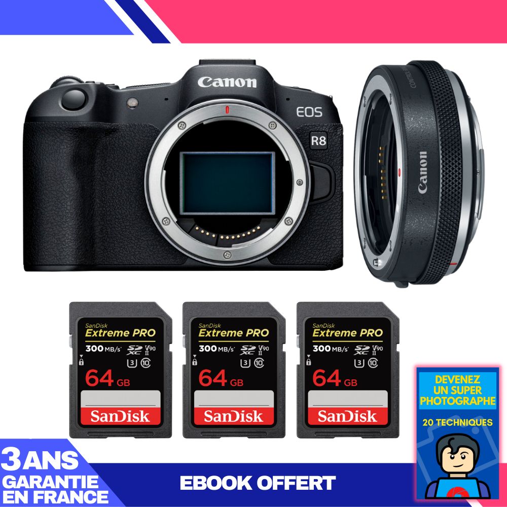 Canon EOS R8 Body + EF-EOS R Adapter + 3x SanDisk 64GB Extreme PRO UHS-II SDXC Cards