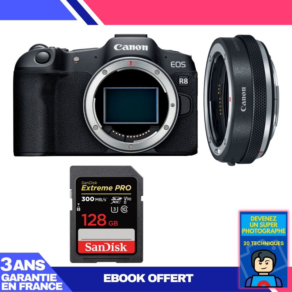 Canon EOS R8 Body + EF-EOS R Premium Adapter + 1 SanDisk 128GB Extreme PRO UHS-II SDXC Card + 'Become a Super Photographer' Ebook