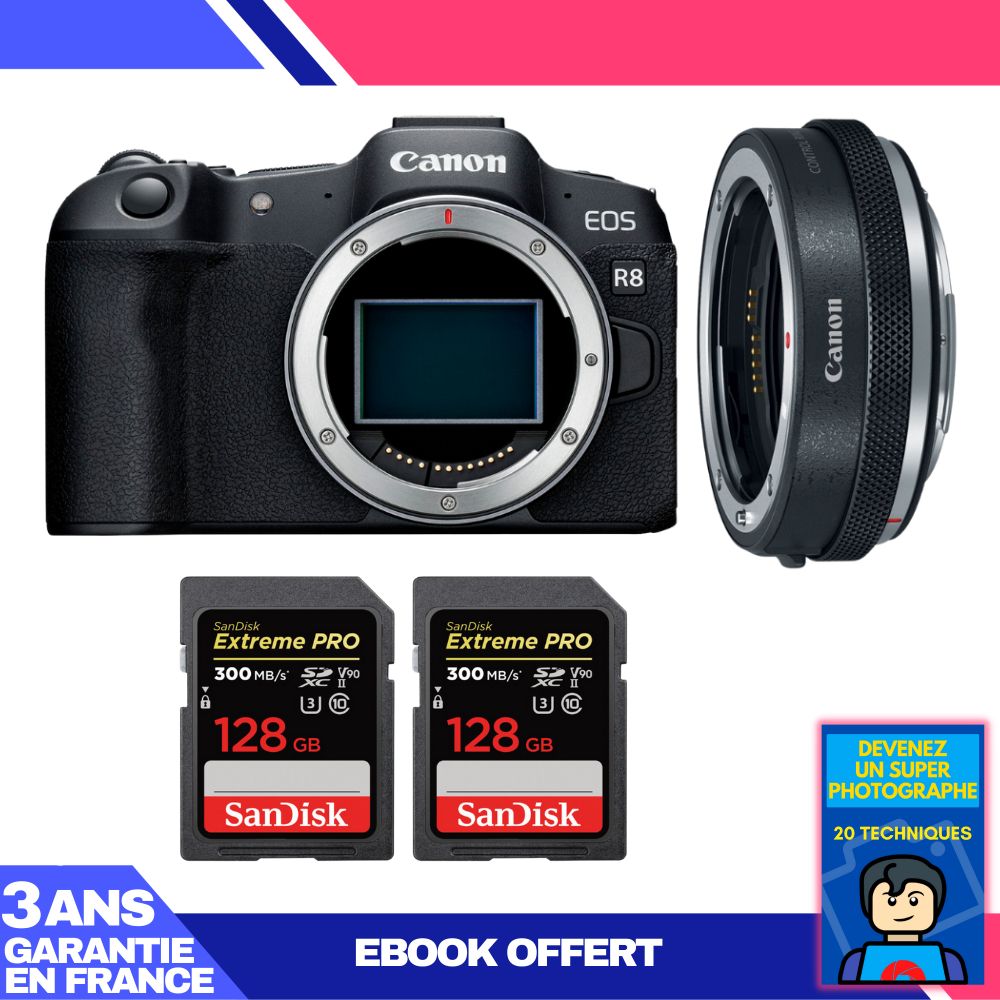 Cámara Canon EOS R8 + Adaptador EF-EOS R Premium + 2 Tarjetas SanDisk 128GB Extreme PRO UHS-II SDXC 300 MB/s + Ebook 'Conviértete en un Fotógrafo Super'