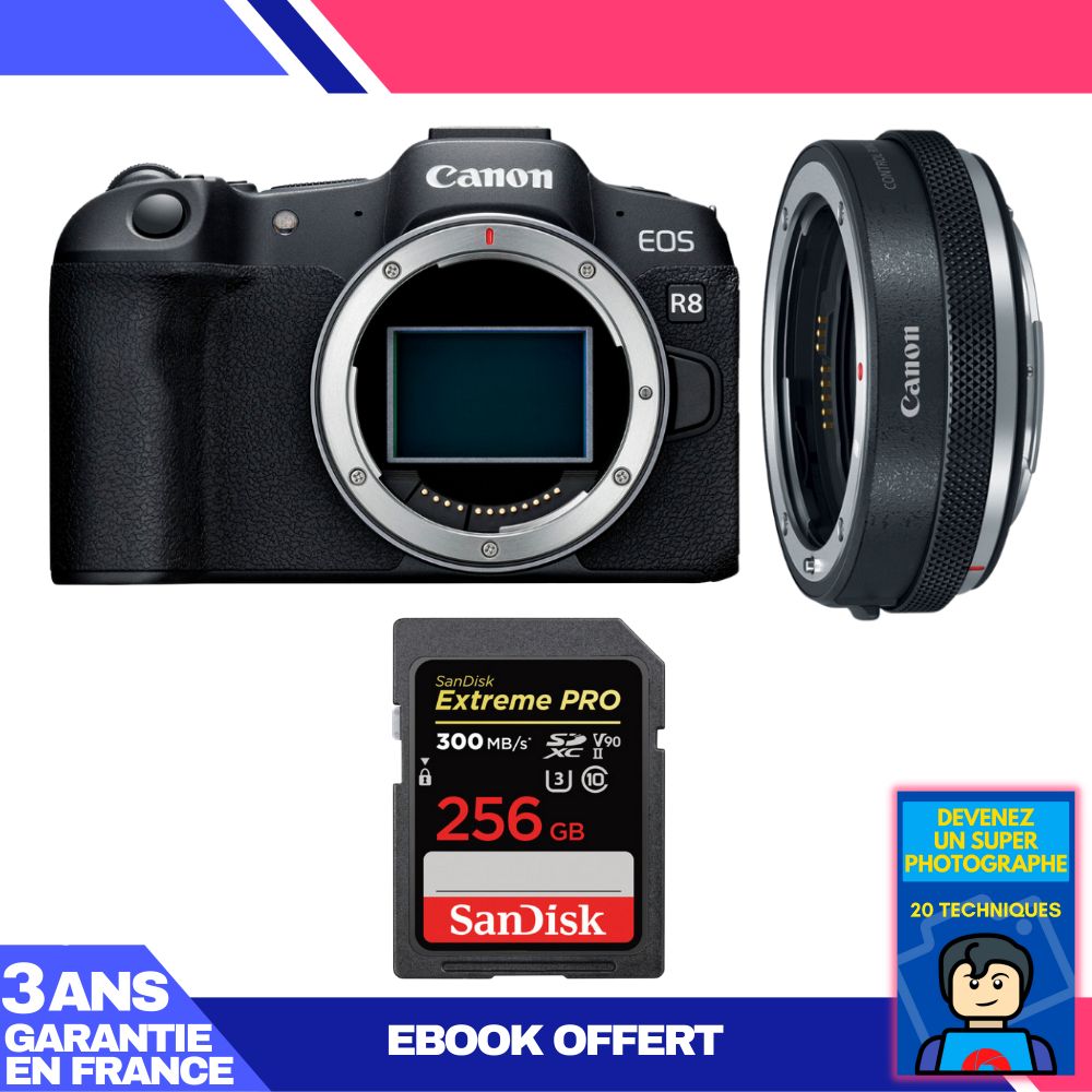 Canon EOS R8 Body + EF-EOS R Premium Adapter + 1 SanDisk 256GB Extreme PRO UHS-II SDXC Card + 'Become a Super Photographer' Ebook