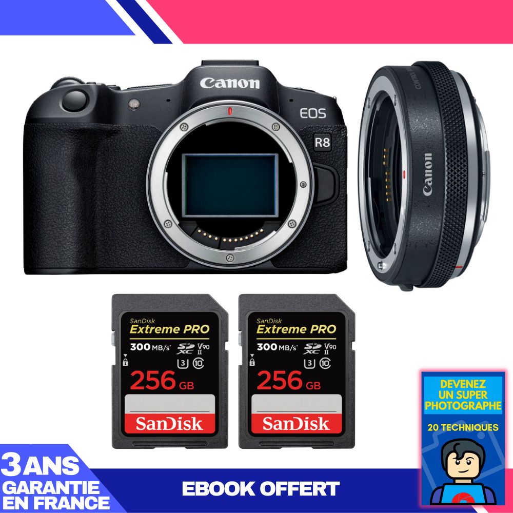 Canon EOS R8 Body + EF-EOS R Adapter + 2 SanDisk 256GB Extreme PRO UHS-II SDXC Cards