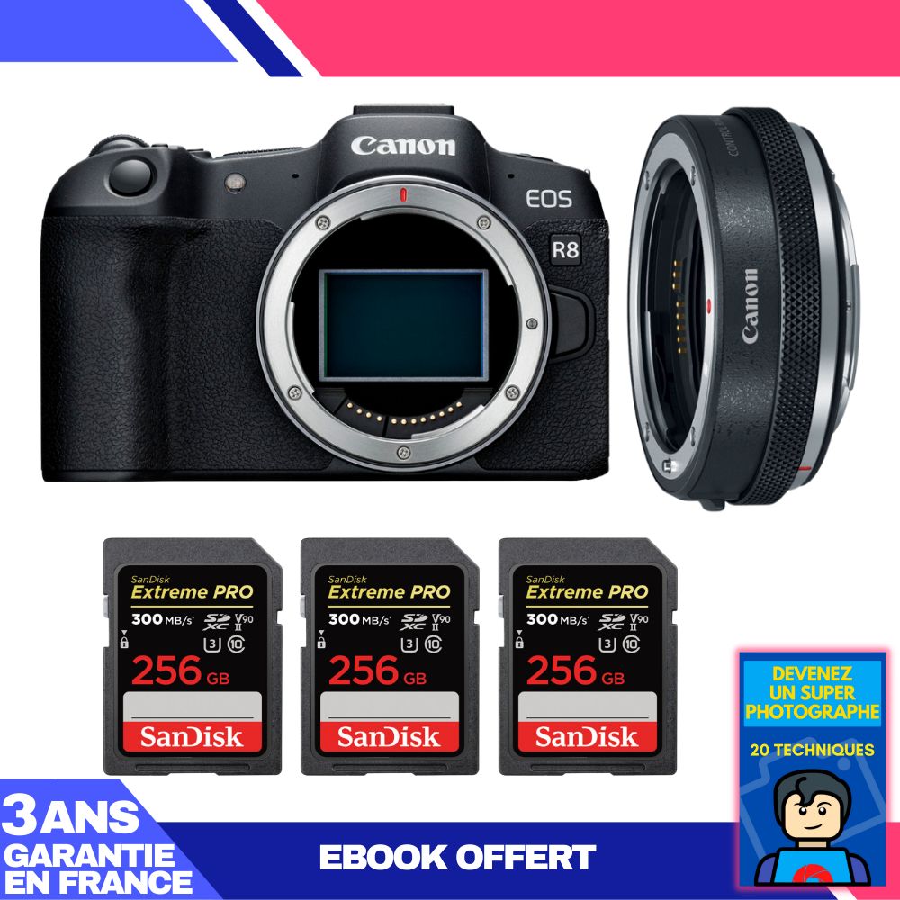 Canon EOS R8 Body + EF-EOS R Adapter + 3x SanDisk 256GB Extreme PRO UHS-II SDXC Cards + 'Become a Super Photographer' Ebook