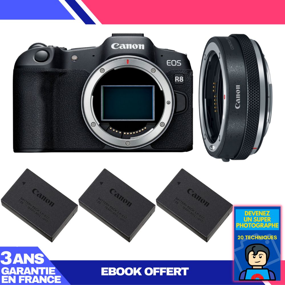 Canon EOS R8 Body + EF-EOS R Adapter + 3 LP-E17 Batteries + 'Become a Super Photographer' Ebook