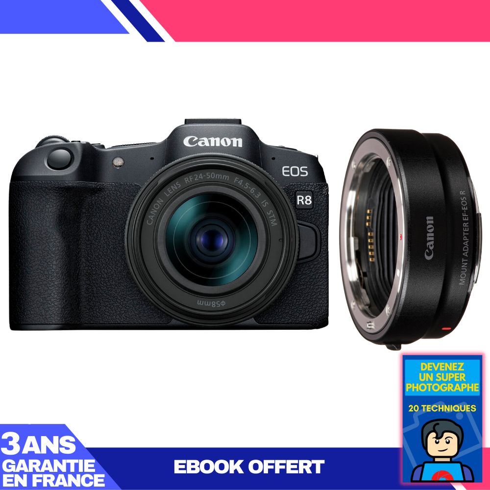Canon EOS R8 Body + RF 24-50mm IS STM Lens + EF-EOS R Adapter + Ebook: Become a Super Photographer