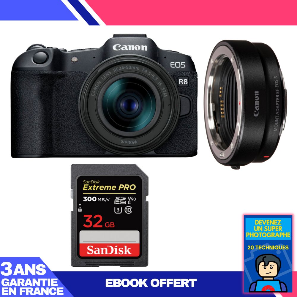 Canon EOS R8 Body + RF 24-50mm IS STM Lens + EF-EOS R Adapter + 1 SanDisk 32GB Extreme PRO UHS-II SDXC Card + 'Become a Super Photographer Ebook