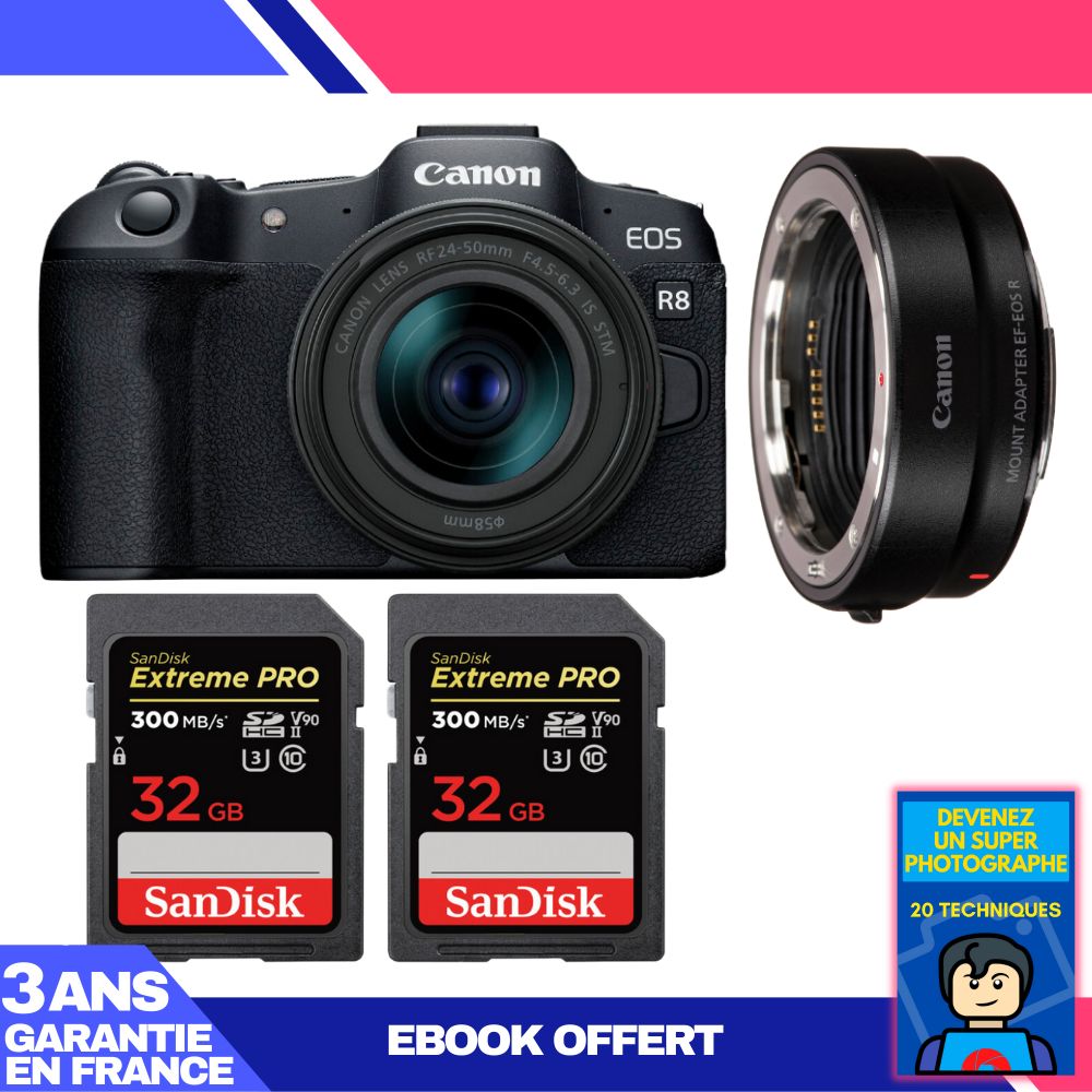 Cámara híbrida Canon EOS R8 + Objetivo RF 24-50mm f/4.5-6.3 IS STM + Adaptador EF-EOS R + 2 Tarjetas de memoria SanDisk 32GB Extreme PRO UHS-II SDXC 300 MB/s + Ebook 'Conviértete en un fotógrafo super